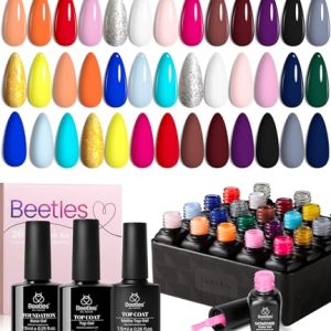 Beetles Summer 20 Pcs Gel Nail Polish Kit - Soak Off Uv LED Neon Gel Polish Set Blue Pink Nude Uv Gel Polish With Base and Top Coat for Nail Art Salon Gift for Women Grils