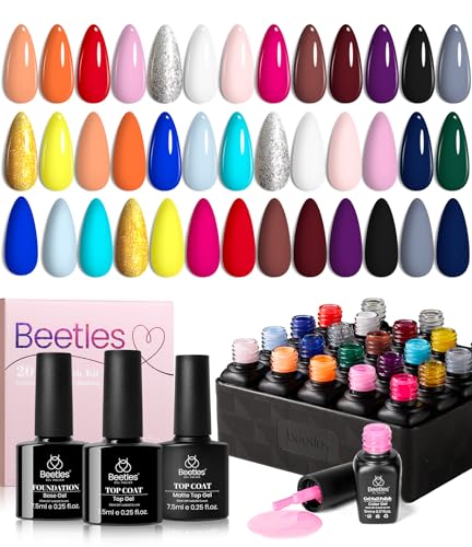 Beetles Summer 20 Pcs Gel Nail Polish Kit - Soak Off Uv LED Neon Gel Polish Set Blue Pink Nude Uv Gel Polish With Base and Top Coat for Nail Art Salon Gift for Women Grils