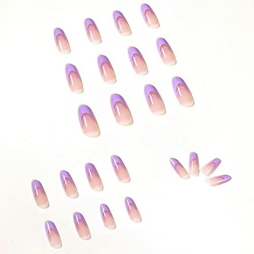 BELICEY Press on Nails Medium Almond Fake Nails Almond Glue on Nails with Design Cute Glossy Acrylic Stiletto Nails Stick on Nails Tips for Women and Girls (Purple) - Image 4