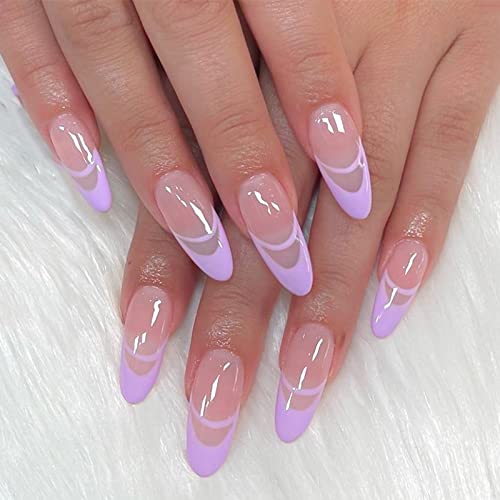 BELICEY Press on Nails Medium Almond Fake Nails Almond Glue on Nails with Design Cute Glossy Acrylic Stiletto Nails Stick on Nails Tips for Women and Girls (Purple)