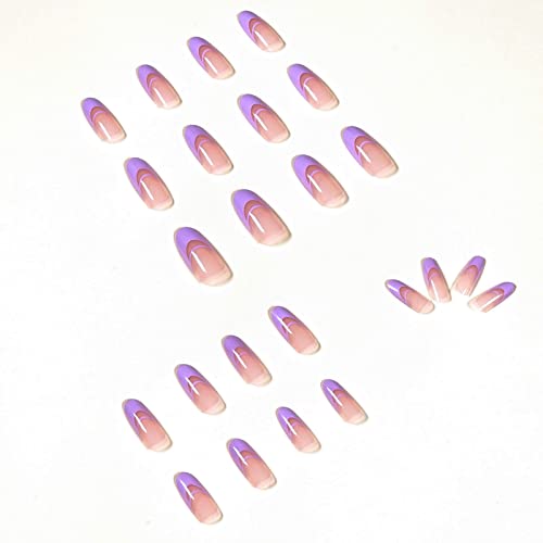 BELICEY Press on Nails Medium Almond Fake Nails Almond Glue on Nails with Design Cute Glossy Acrylic Stiletto Nails Stick on Nails Tips for Women and Girls (Purple) - Image 2