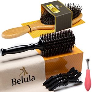 Belula Add Volume to Your Hair Set. Detangling Boar Bristle Hair Brush for Long, Curly or Any Type of Hair and Medium 2.4" Boar Bristle Round Brush for Blow Drying Set. Restores Hair's Shine and Ads Volume