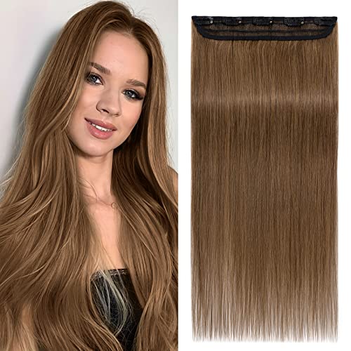 Benehair Clip in Hair Extensions Real Human Hair Light Brown Clip in Human Hair Extensions 3/4 Full Head with 5 Clips 16 Inch One Piece Hair Clip in for Women with Thinning Hair(#6 Light Brown, 16〃)