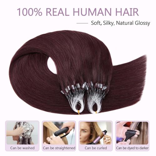 Benehair Micro Loop Human Hair Extension 1g/strand 50g Micro Beads Remy Straight Hair Extension for Women Nano Rings Beads Stick Tipped Hair Fish Line Ring Hairpiece 22inch #99J Wine Red - Image 5