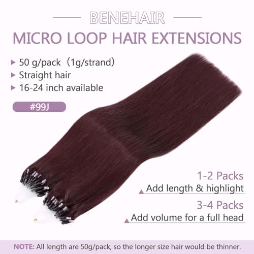 Benehair Micro Loop Human Hair Extension 1g/strand 50g Micro Beads Remy Straight Hair Extension for Women Nano Rings Beads Stick Tipped Hair Fish Line Ring Hairpiece 22inch #99J Wine Red - Image 3