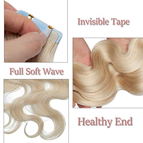 Benehair Remy Tape in Hair Extensions Human Hair Bleach White Seamless Skin Weft Tape in Real Human Hair Extensions Wavy Hair 24 Inch 50g #70 20 pcs - Image 2