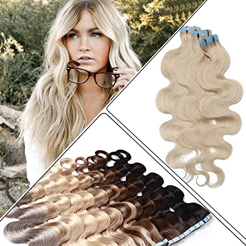 Benehair Remy Tape in Hair Extensions Human Hair Bleach White Seamless Skin Weft Tape in Real Human Hair Extensions Wavy Hair 24 Inch 50g #70 20 pcs