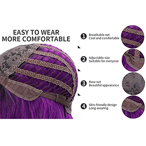 BERON 14-Inch Short Curly Black Purple Ombre Wig with Bangs for Women Girls - Image 6