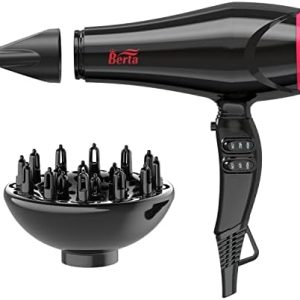 BERTA 1875W Professional Salon Hair Dryer Negative Ionic Blow Dryer, 2 Speed 3 Heat Settings Cool Button with AC Motor, Concentrator Nozzle & Diffuser