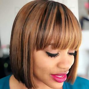 Besteffie Short Bob Wigs Human Hair With Bangs Straight Wigs 100% Brazilian Virgin Hair Glueless Machine Made Wig Ombre Blonde Highlight wig Short Bob Wigs For Black Women (8 inch, 4/27)