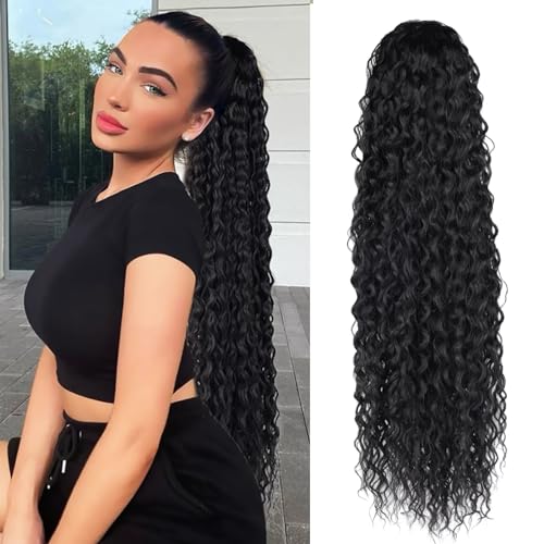 BHF 30inch Long Curly Drawstring Ponytail Extension, Heat Resistant Synthetic Clip in Curly Wave Ponytail Hair Pieces For Women (1B#)