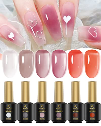 Biutee Jelly Gel Nail Polish 6 Colors Transparent Gel Nail Polish Jelly Sheer Nude Gel Polish Jelly Translucent Gel Nail Polish Soak Off UV LED Gel Polish for Nail Art Salon Home DIY