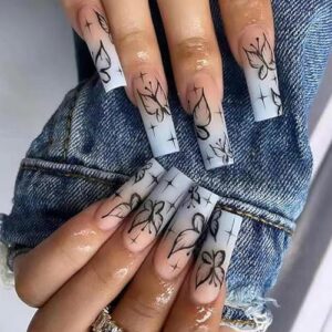 Black Butterfly Press on Nails Long Coffin Acrylic Nails Fake Nails Pink Blue Gradient False Nails with Designs Matte Full Cover Glue on Nails Reusable Summer Artificial Nails for Women 24PCS