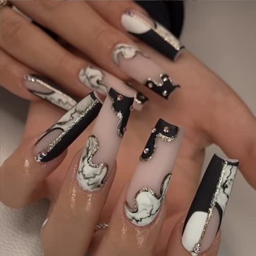 Black Coffin Press on Nails Long Fake Nails White Acrylic Nails with Design 24pcs