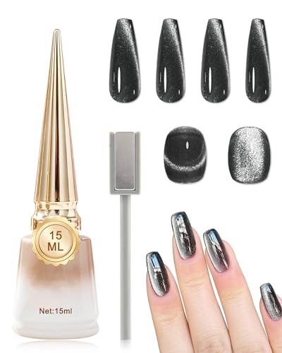 Black Crystal Cat Eye Gel Nail Polish, 9D Holographic Glitter Aurora Cateye Gel Polish, Diamond Shiny Magnetic Stick Nail Polish Kit, Soak Off UV Gel DIY Nail Art Manicure Home Salon Gift for Women-03