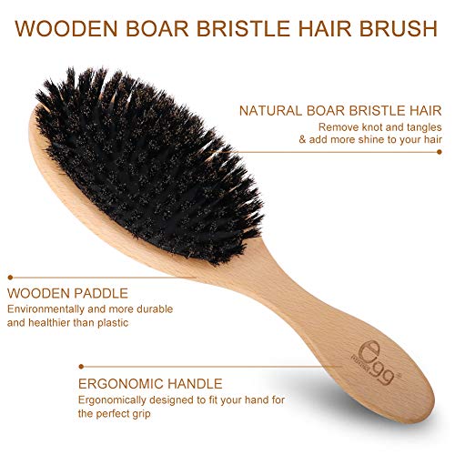 BLACK EGG Boar Bristle Hair Brush for Women Men Kid, Soft Natural Bristles Brush for Thin and Fine Hair, Restore Shine and Texture, Set includes Bamboo comb and 3 hair ties - Image 3