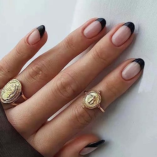 Black French False Nails Short Almond Press on Nails Cute Nude Nails Tips Acrylic Full Cover Fake Nails for Women and Girls 24Pcs
