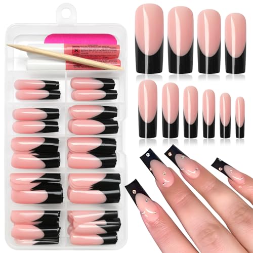 120 Pcs Long Square Glossy Black French Tip Acrylic Press-On Nails Full Cover