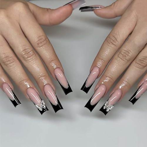 120 Pcs Long Square Glossy Black French Tip Acrylic Press-On Nails Full Cover - Image 2