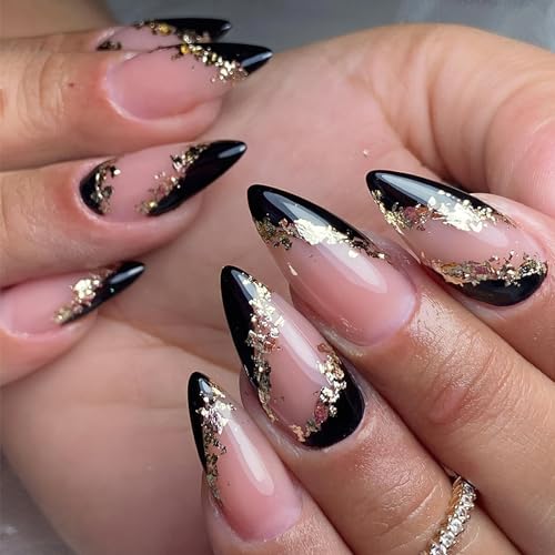 Black French Tip Press on Nails Medium Almond Fake Nails Glossy Full Cover Acrylic Nails with Gold Foil Designs Nude Pink Stiletto False Nails Full Cover Glue on Nails for Women Girls 24Pcs