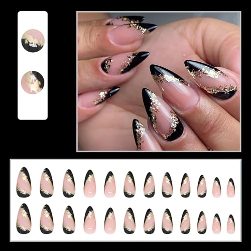Black French Tip Press on Nails Medium Almond Fake Nails Glossy Full Cover Acrylic Nails with Gold Foil Designs Nude Pink Stiletto False Nails Full Cover Glue on Nails for Women Girls 24Pcs - Image 2