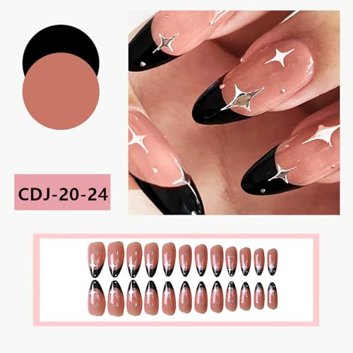 Black French Tip Press on Nails Medium Almond Fake Nails Glossy silver star Full Cover Glue on Nails cute black french coffin false nails reusable Acrylic Artificial Nails for Women Girls 24Pcs - Image 2