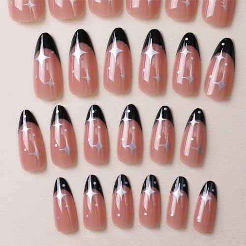 Black French Tip Press on Nails Medium Almond Fake Nails Glossy silver star Full Cover Glue on Nails cute black french coffin false nails reusable Acrylic Artificial Nails for Women Girls 24Pcs - Image 3