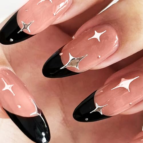 Black French Tip Press on Nails Medium Almond Fake Nails Glossy silver star Full Cover Glue on Nails cute black french coffin false nails reusable Acrylic Artificial Nails for Women Girls 24Pcs