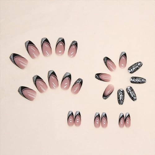 Black French Tip Press on Nails Medium Coffin Fake Nails Silver Glitter False Nails with Design Leopard Glue on Nails Short Acrylic Nails Stick on Nails for Women Manicure 24Pcs - Image 2