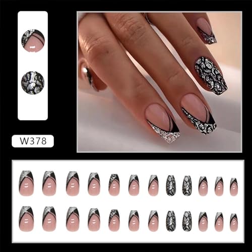 Black French Tip Press on Nails Medium Coffin Fake Nails Silver Glitter False Nails with Design Leopard Glue on Nails Short Acrylic Nails Stick on Nails for Women Manicure 24Pcs - Image 4