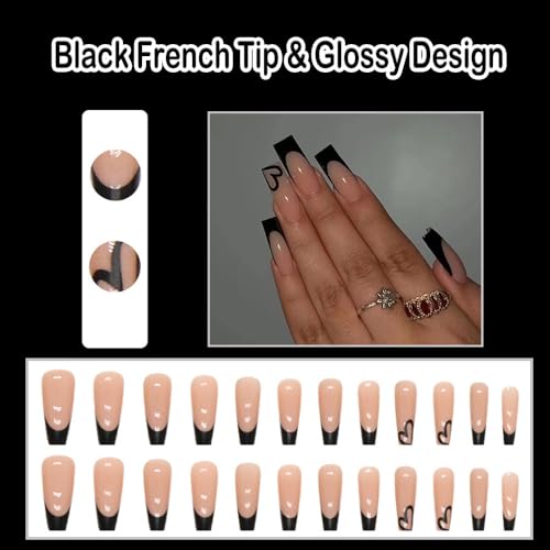 Black French Tip Press on Nails Square Medium Fake Nails with Glossy Design Coffin Gel Glue on Nails for Women Acrylic False Nails with Glue Stick on Nails for Wedding Birthday 24Pcs DK50212 - Image 2