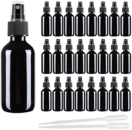Black Glass Spray Bottle 2 oz (24 Pcs 60ml with Measured Pipettes)Fine Mist Glass Bottles with Black Fine Mist Sprayer for Liquids, Aromatherapy Oil, Beard Oil, Essential Oils-100% UV Protection