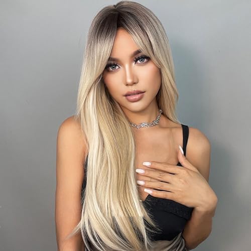Black Gradient Blonde Bangs Hair Tail Curly High Temperature Silk Wig Headgear Middle Part Synthetic Heat Resistant Hair for White Black Women Daily Party Use