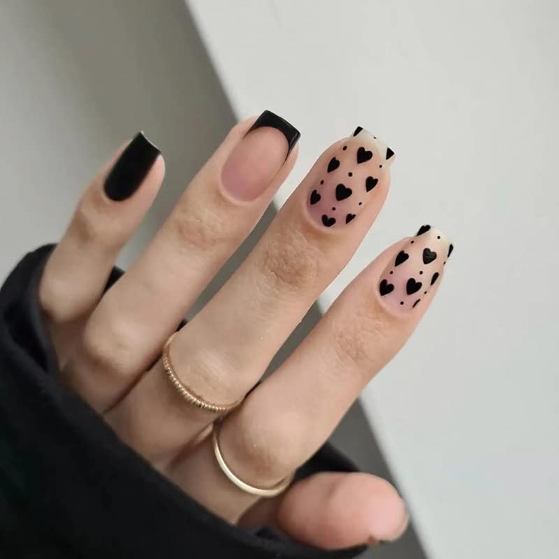 Black Heart Press on Nails Short Square Fake Nails Black Love Heart Full Cover False Nails with Designs Valentine's Day French Tips Stick on Nails Acrylic Artificial Nails for Women 24PCS