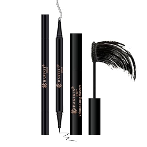 Black Mascara and Gray Eyebrow Pencil Set, 2-in-1 Dual-Headed Eyebrow Pen, Waterproof Eyeliner, 2 Packs