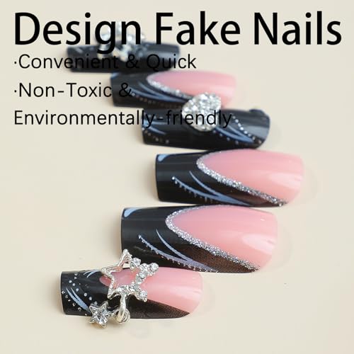 Black Nails French Tip Press on Nails Long Square Fake Nails with Valentines Day Designs Heart Star Charms Glitter Full Cover Acrylic Pink False Nails Medium Glue on Nails for Women and Girls 24Pcs - Image 3