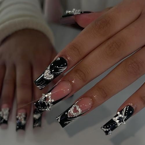 Black Nails French Tip Press on Nails Long Square Fake Nails with Valentines Day Designs Heart Star Charms Glitter Full Cover Acrylic Pink False Nails Medium Glue on Nails for Women and Girls 24Pcs