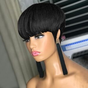 12-Inch Black Pixie Cut Human Hair Wig for Women with Bangs, Natural Look