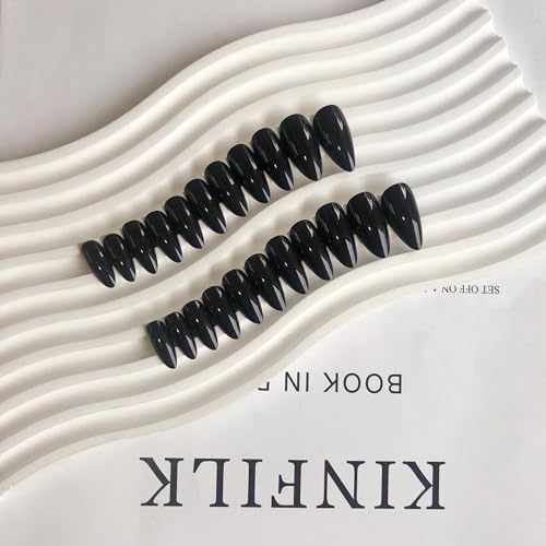 Black Press on Nails Almond Shape,KXAMELIE Glue on Nails Medium Acrylic Nails Press on with Solid Glossy Nude Color Design Fake Nails Set for Women Girls Daily Wear in 24PCS - Image 4