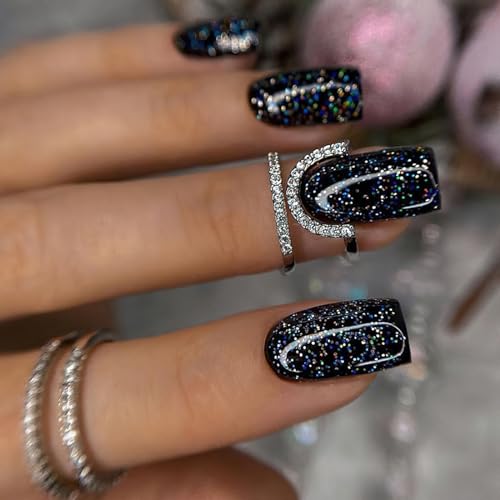 Black Press on Nails Short Square Fake Nails Luxury Solid Color with Glitter Design Coffin False Nails Glossy Acrylic Nails Reusable Artificial Nails for Women Girls Manicure Nail Decor 24pcs