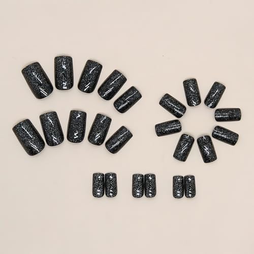 Black Press on Nails Short Square Fake Nails Luxury Solid Color with Glitter Design Coffin False Nails Glossy Acrylic Nails Reusable Artificial Nails for Women Girls Manicure Nail Decor 24pcs - Image 3