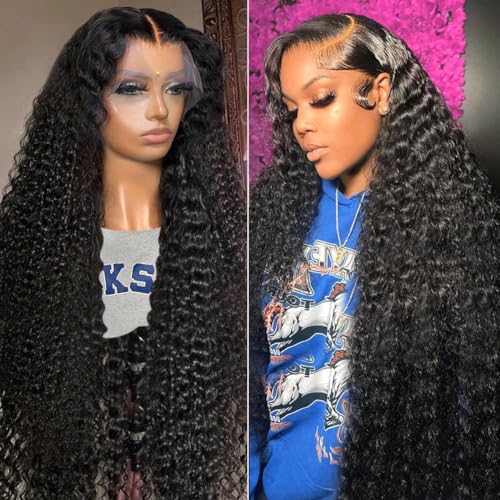 BLACROSS 32 Inch 13x6 Deep Wave Lace Front Wigs Human Hair 180 Density Deep Part Curly Lace Front Wigs Human Hair Pre Plucked Glueless Transparent Lace Frontal Wig Pre Plucked with Baby Hair