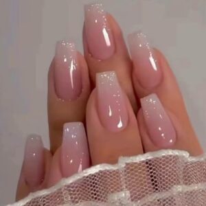 Bling Gradient Pink Press on Nails 24 PCS Medium Short Glitter Ombre Acrylic Coffin Style