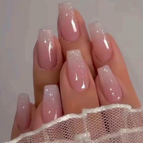 Bling Gradient Pink Press on Nails 24 PCS Medium Short Glitter Ombre Acrylic Coffin Style