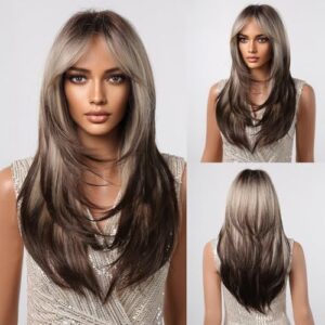 Blonde Brown Wigs With Curtain Bangs,Long Straight Wigs For Women Cosplay Wig Natural Looking Synthetic Layered Wigs For Daily Use 24IN