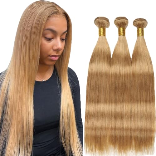 Blonde Bundles 27 Straight Human Hair Bundles 8 10 12 Inch Unprocessed Brazilian Virgin Hair Honey Blonde Straight Bundles Double Weft Weave Extensions Hair for Women