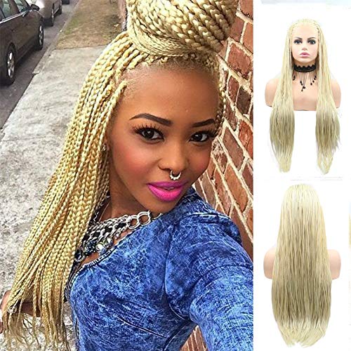 Blonde Micro Braided Lace Front Wigs for Women Long Box Braid Wig Soft Braids Lace Wig Realistic Handmade Natural Hairline Glueless Synthetic Heat Resistant Fiber Hair Cosplay Daily Briaded Wig 26Inch