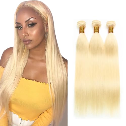 Blonde Straight Bundles Color 613 Human Hair Bundles Honey Blonde Straight Bundles Double Weft Brazilian Human Hair Extersions Bundles for Black Women (22 24 26 Inch 3 Bundles)