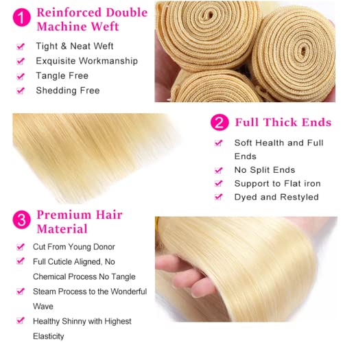 Blonde Straight Bundles Color 613 Human Hair Bundles Honey Blonde Straight Bundles Double Weft Brazilian Human Hair Extersions Bundles for Black Women (22 24 26 Inch 3 Bundles) - Image 3