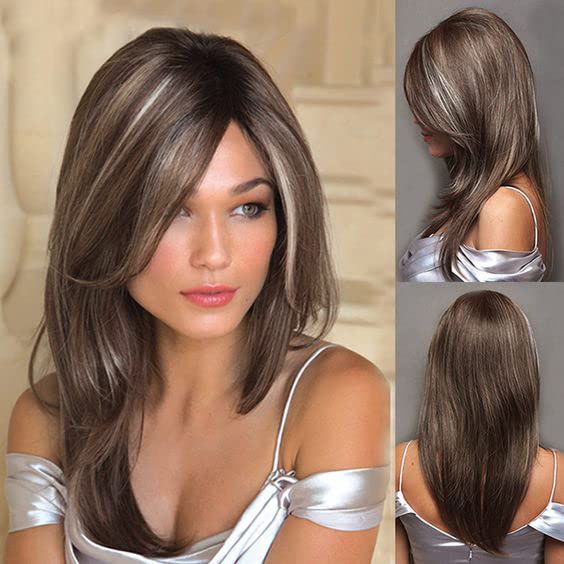 BLONDE UNIROCN Black Brown Wigs with Bangs Layered Wigs for Women Medium Length Wigs Natural Hair Wig for White Women